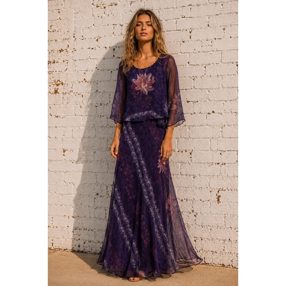 Vintage Carol Anderson Ethereal Silk Floral Maxi Dress Purple Romantic M